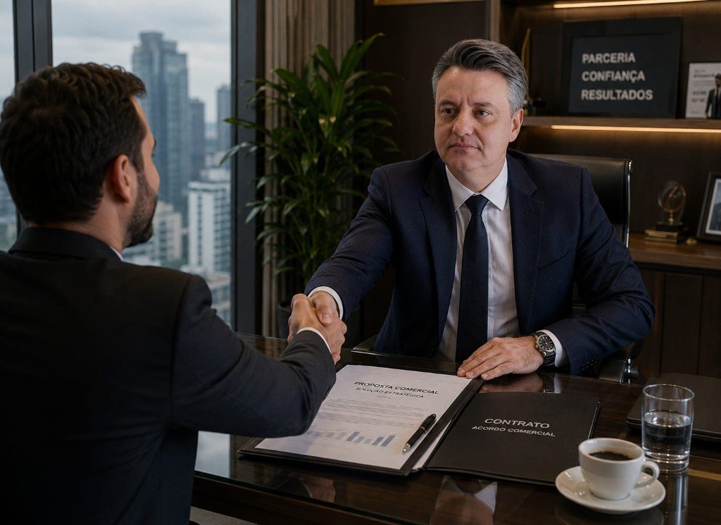 Aperto de mãos em reunião comercial, em um escritório executivo